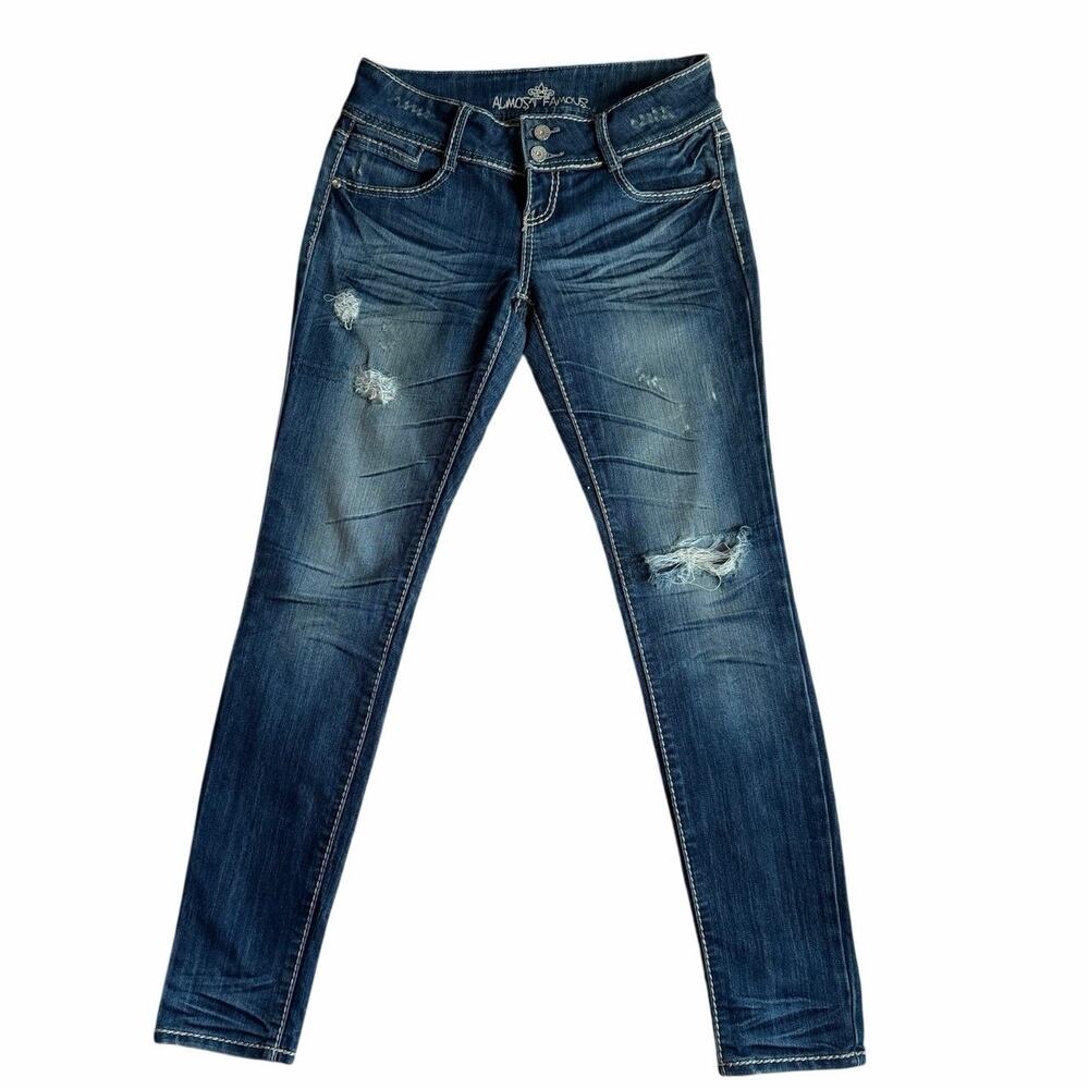 Almost‎ Famous Y2K Junior Size 7 Distressed Jeans Rhinestone Embellished